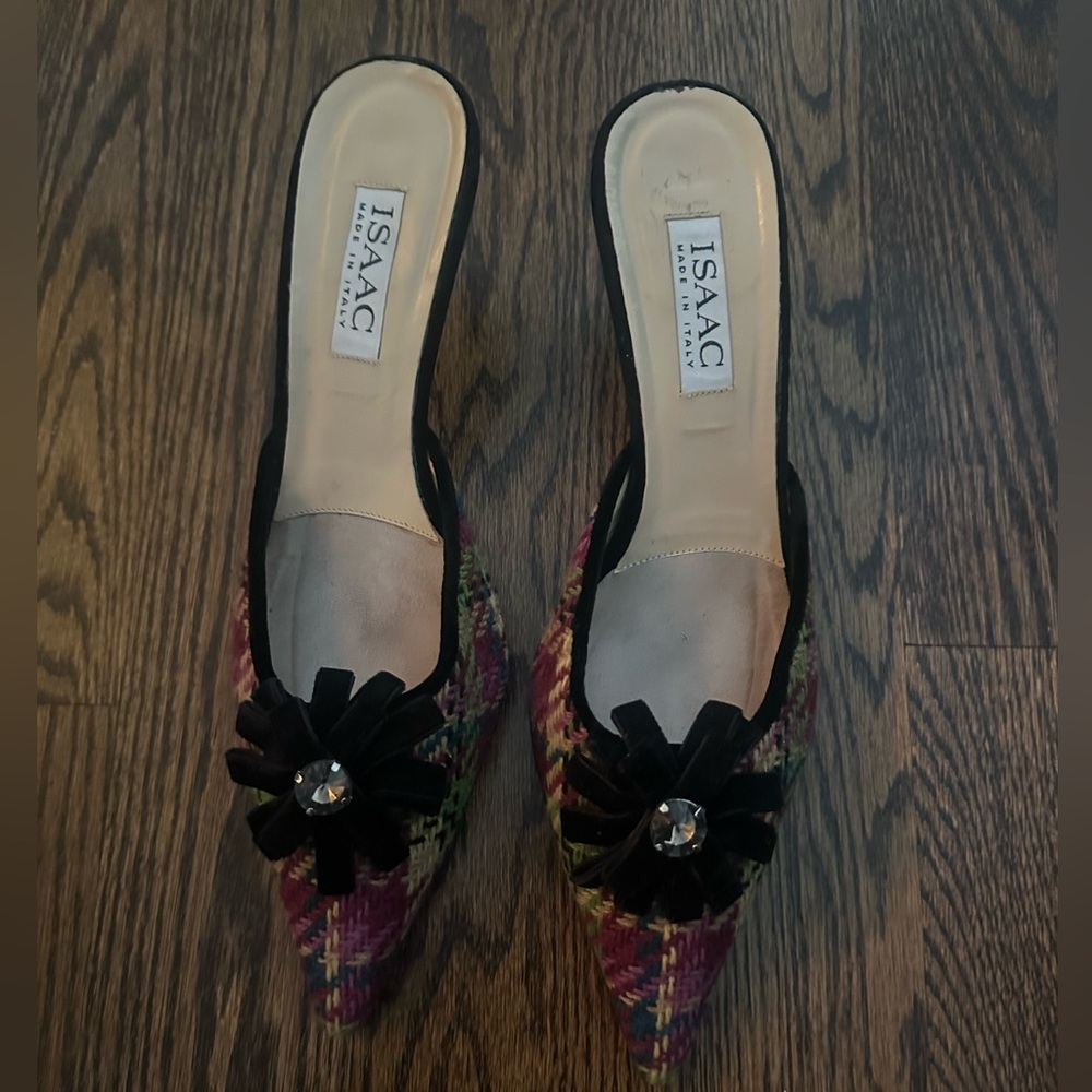 Isaac Mizrahi Tweed Black Velvet Colorful Kitten Mule Heels 9